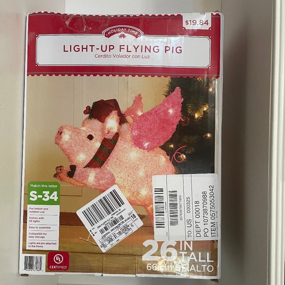 Light Up Flying Pig Pink Christmas Holiday Time 26 inches tall indoor outdoor - Picture 3 of 12